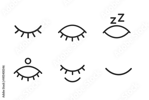 outline vector icons of symbolic closed eyes: peaceful eye, rest mode, sleep icon, eye with zzz, meditating eye, shut gaze, relaxed face, soft closed lid. set of line style icons in a modern,
