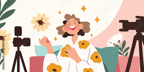 Capturing the spirit of content creation, A joyful woman, radiating positive energy and creativity, is surrounded by cameras, ready to bring her story to life with the perfect shot.