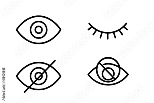 outline vector icons of user interface eyes: view icon, hide icon, eye toggle, preview icon, visibility setting, crossed eye icon, eye outline, hovered eye. ine style icons in a modern, minimalist