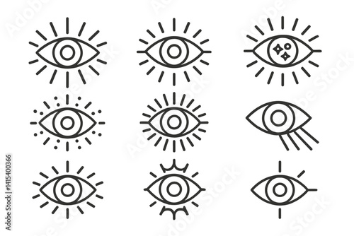 outline vector icons of spiritual sun symbols: third eye with sun, sun halo, sacred rays, enlightened head, energy sun circle, ancient sun icon, ritual flame, radiant spirit. ine style icons in a