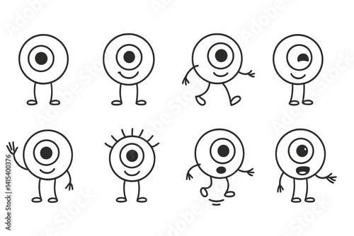 outline vector icons of cartoon cats: big eyes, exaggerated whiskers, round face, chubby cheeks, smiling mouth, animated tail, comic paws, outlined ears. set of line style icons in a modern,