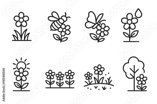 outline vector icons of heart in nature: heart-shaped leaf, heart cloud, heart flower, tree with heart, mountain with heart, sun and heart, heart-shaped rock, rain with heart., set of line style