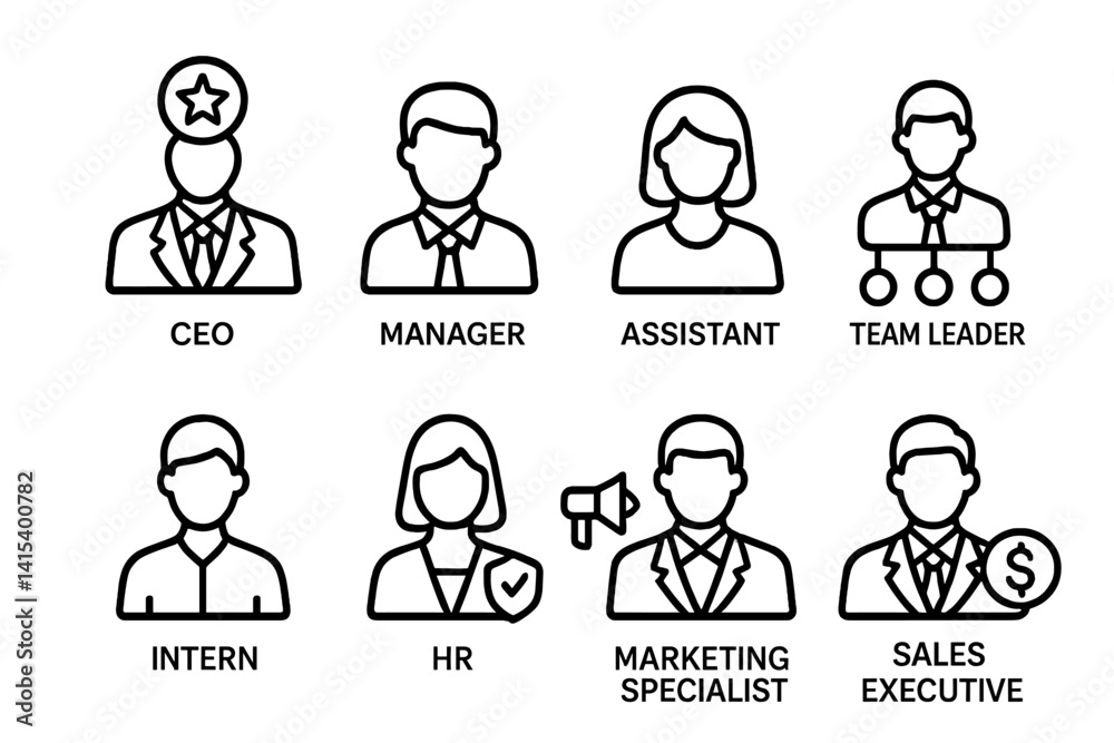 outline vector icons of corporate hierarchy: CEO, manager, assistant, team leader, intern, HR representative, marketing specialist, sales executive. ine style icons in a modern, minimalist design. outline vector icons of corporate hierarchy: CEO, manager, assistant, team leader, intern, HR representative, marketing specialist, sales executive. ine style icons in a modern, minimalist design.