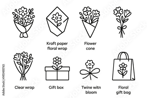 outline vector icons of flower packaging: wrapped bouquet, kraft paper floral wrap, flower cone, ribbon-tied stems, clear wrap, gift box with flower, twine with bloom, floral gift bag. set of line