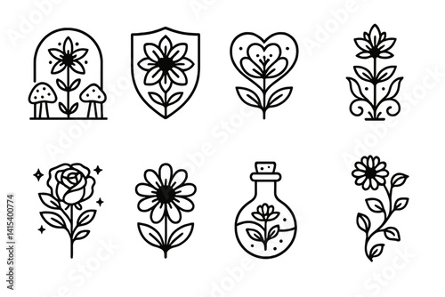 outline vector icons of flowers in folklore: magical forest bloom, protective blossom, love charm flower, myth flower, legend rose, enchanted daisy, flower potion, folklore vine. set of line style