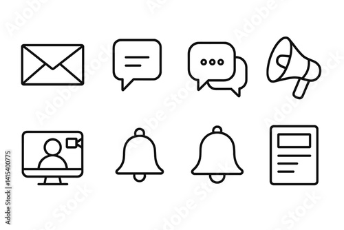 outline vector icons of business communication: email, speech bubble, chat box, phone call, video conference, loudspeaker, notification bell, newsletter. set of line style icons in a modern,