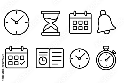 outline vector icons of business time management: wall clock, hourglass, calendar grid, reminder bell, schedule icon, planner, time tracker, stopwatch. set of line style icons in a modern, minimalist