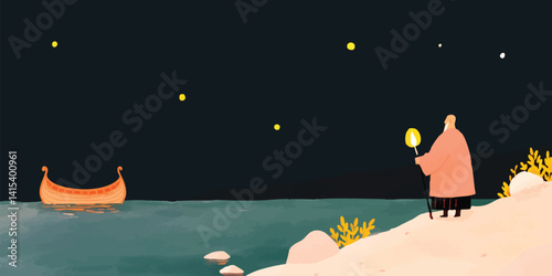 A serene illustration depicting a solitary individual illuminated by a lantern at dusk, a boat gently rests upon the water, all beneath a starlit sky.