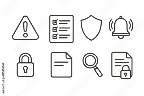 outline vector icons of risk and compliance: warning triangle, checklist, shield icon, alert bell, lock symbol, terms file, audit magnifier, secure document. set of line style icons in a modern,