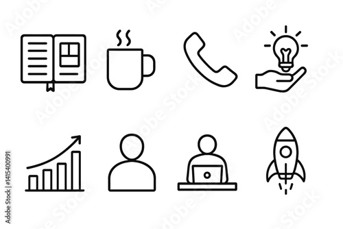 outline vector icons of entrepreneur tools: planner notebook, coffee mug, phone icon, pitch idea, investor chart, solo founder, side hustle icon, startup launch. set of line style icons in a modern,