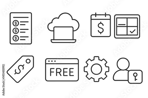 outline vector icons of SaaS business: subscription plan, cloud software, monthly billing, app dashboard, pricing tier, free trial, settings icon, user log-in. ine style icons in a modern, minimalist