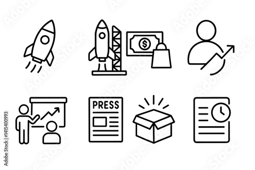 outline vector icons of software preferences: default apps, file types, update schedule, startup apps, UI theme, sync options, notifications, language.Minimalist, set of line style icons in a modern,
