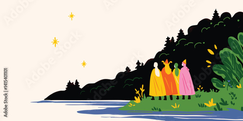 A picturesque scene of four figures dressed in vibrant robes, illuminated by ethereal stars in the serene night. the illustration brings to life a moment of peaceful contemplation and wonder. 