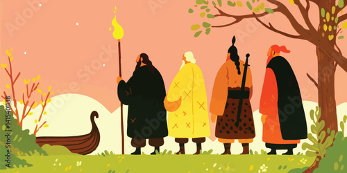 A group of four viking warriors, dressed in traditional attire with axes, swords, and a torch stand together on a hillside, showcasing a strong bond and ready for adventure.