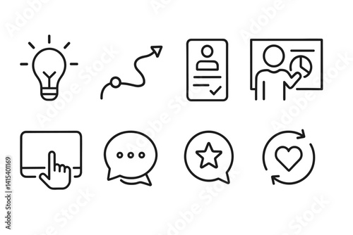 outline vector icons of customer journey: awareness icon, engagement path, signup form, onboarding icon, product use, support chat, feedback icon, retention icon. set of line style icons in a modern,