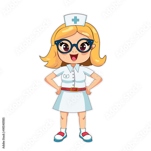 Adorable cartoon nurse character with blonde hair, big blue round glasses, and a welcoming smile. She is dressed in a white nurse's dress with a red belt and a traditional cap. Isolated.