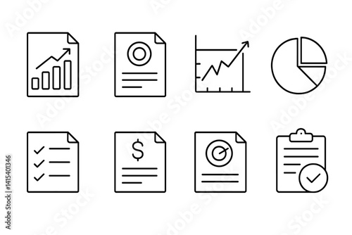 outline vector icons of annual report visuals: revenue chart, year-end stats, performance graph, pie chart breakdown, key metrics, earnings report, annual goal, audit icon. set of line style icons in