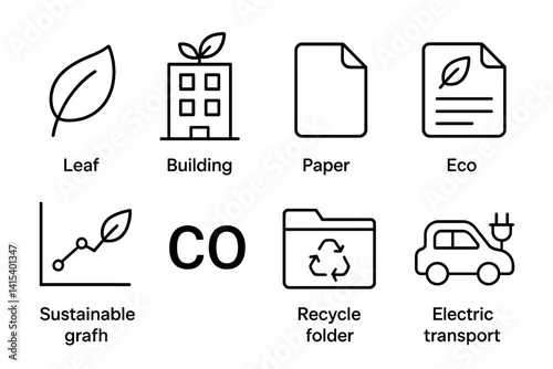 outline vector icons of sustainable business: leaf icon, green building, paperless file, eco report, sustainable graph, carbon icon, recycle folder, electric transport. ine style icons in a modern,