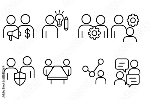 outline vector icons of cross-functional teams: mixed skills icon, role badge, shared knowledge, diverse roles, collaboration icon, multifunctional group, joint effort, expertise mix. set of line