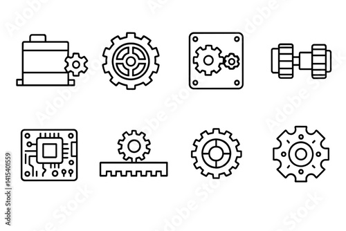 outline vector icons of gear manufacturing: gear cutting tool, hobbing machine, CNC gear icon, machining gear, gear blank, finishing wheel, gear profile drawing, heat treatment. set of line style