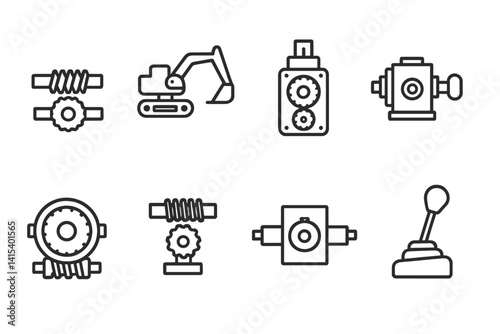 outline vector icons of construction machinery gearboxes: excavator gearbox, loader transmission, crane reducer, bulldozer gear drive, road roller drive, compactor gearbox, grader transmission, gear
