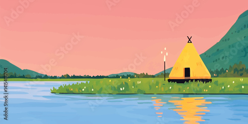 A tranquil scene of a serene lake with a small camp amidst the idyllic backdrop. The tent, a symbol of adventure, is perfectly positioned alongside the waterfront under the beautiful sky.