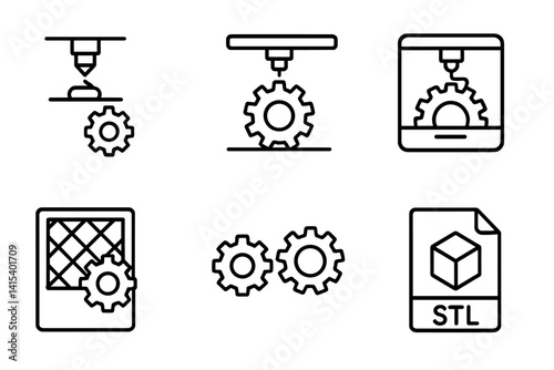 outline vector icons of 3D printed gears: PLA gear, nylon gear, printed gear wheel, printed rack, experimental mesh, test fit icon, CAD gear file, STL icon. set of line style icons in a modern,