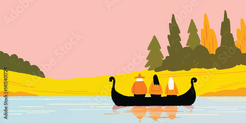 A serene scene depicting individuals embarking on a boat journey, sailing on tranquil waters, in a vibrant and picturesque landscape. This illustration evokes a sense of calm exploration.