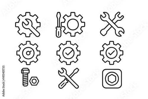 outline vector icons of gear mechanisms: spur gears, helical gears, bevel gears, worm gears, rack and pinion, planetary gears, gear train, differential gear., set of line style icons in a modern,