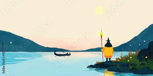 A lone figure, bathed in the warm glow of twilight, stands vigil on the serene lakeside shore, a torch in hand. A boat drifts gently on the water towards the setting sun.