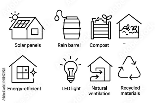 outline vector icons of sustainable home features: solar panels, rainwater barrel, compost bin, green roof, energy-efficient windows, LED lighting, natural ventilation, recycled materials. set of