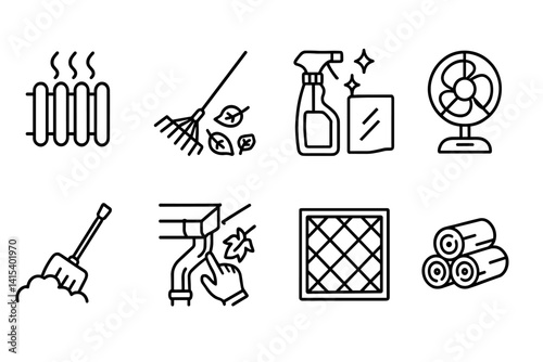 outline vector icons of seasonal house care: winter heating, autumn leaf raking, spring cleaning, summer fan, snow shoveling, gutter cleaning, air filter change, firewood stacking. ine style icons in
