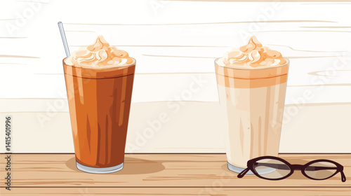 Delicious Frappe Coffee in Glasses on Wooden Table for Cafe and Restaurant Promotion