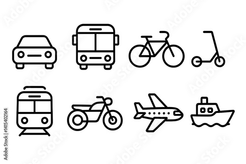 outline vector icons of location in transport: bus stop, train station, airport, ferry terminal, taxi stand, subway station, bike rental, EV charging. set of line style icons in a modern, minimalist
