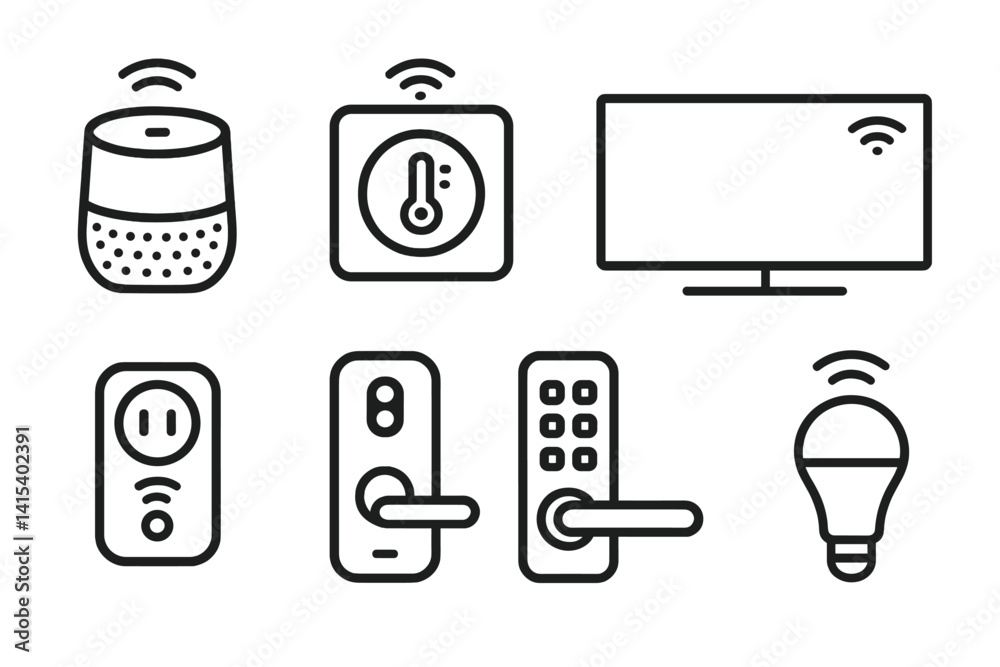 outline vector icons of smart home settings: thermostat, light bulb, camera, smart plug, smart speaker, alarm system, door lock, temperature sensor. set of line style icons in a modern, minimalist outline vector icons of smart home settings: thermostat, light bulb, camera, smart plug, smart speaker, alarm system, door lock, temperature sensor. set of line style icons in a modern, minimalist