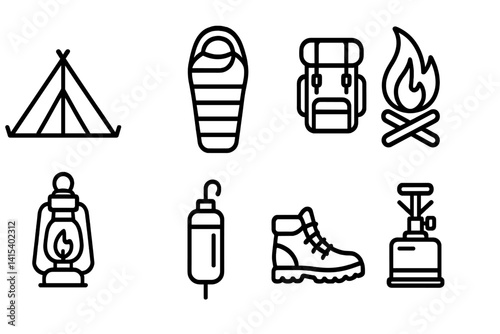 outline vector icons of camping gear: tent, camp stove, lantern, sleeping pad, cooler, camp chair, rope, matchbox. ine style icons in a modern, minimalist design.