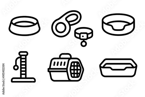 Pet essentials icons set: flat design of collars, bowls, and more