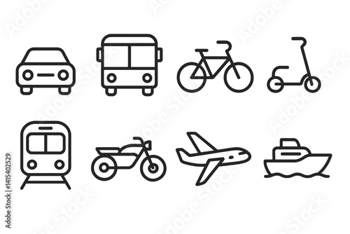 outline vector icons of location in transport: bus stop, train station, airport, ferry terminal, taxi stand, subway station, bike rental, EV charging. set of line style icons in a modern, minimalist