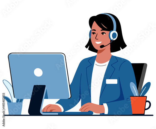 A businesswoman character using a computer vector while working in an office vector illustration