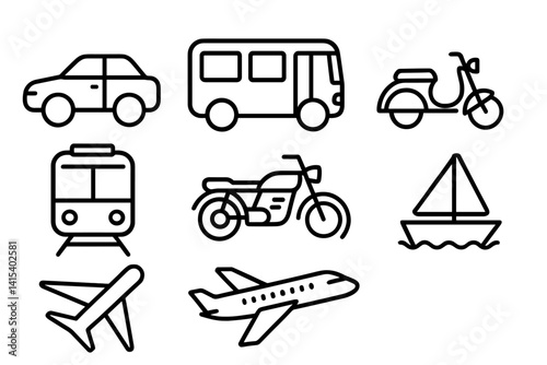 outline vector icons of location in transport: bus stop, train station, airport, ferry terminal, taxi stand, subway station, bike rental, EV charging. set of line style icons in a modern, minimalist