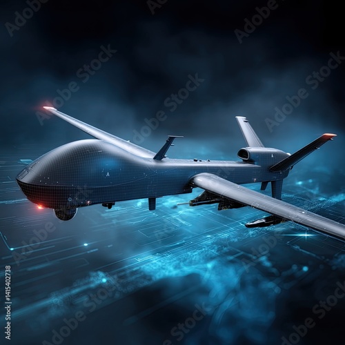 Futuristic military drone aircraft flying over digital cityscape at night with glowing blue lights and a dark cloudy sky, high-tech unmanned aerial vehicle