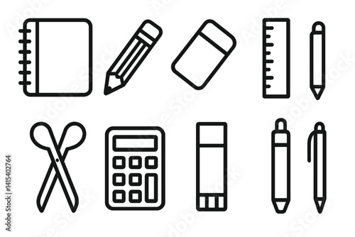 outline vector icons of school supplies: pencil case, sticky notes, paperclip, binder, highlighter, stapler, hole punch, index cards., set of line style icons in a modern, minimalist design.