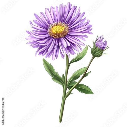 realistic purple aster flower with thin layered petals and bright yellow center green stem and leaves detailed botanical illustration clip art white background