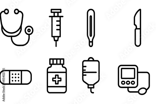 outline vector icons of phone emergency features: SOS, emergency contact, location share, emergency alert, medical ID, quick dial, flashlight, siren., set of line style icons in a modern, minimalist