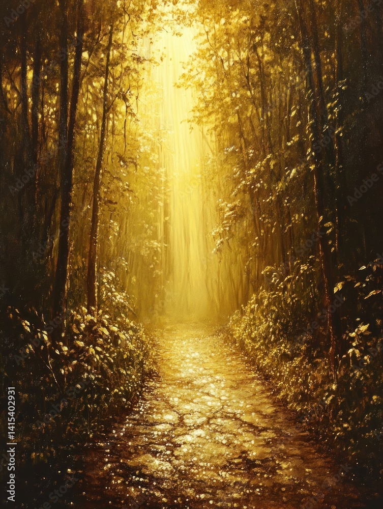 Obraz premium Ethereal Forest Path: A Symphony of Light and Shadow Through the Woodland Canopy