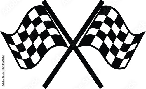 Crossed checkered flags silhouette, Racing finish line flags, Sports competition flag icon, Checkered race flags vector, Finish line flags illustration