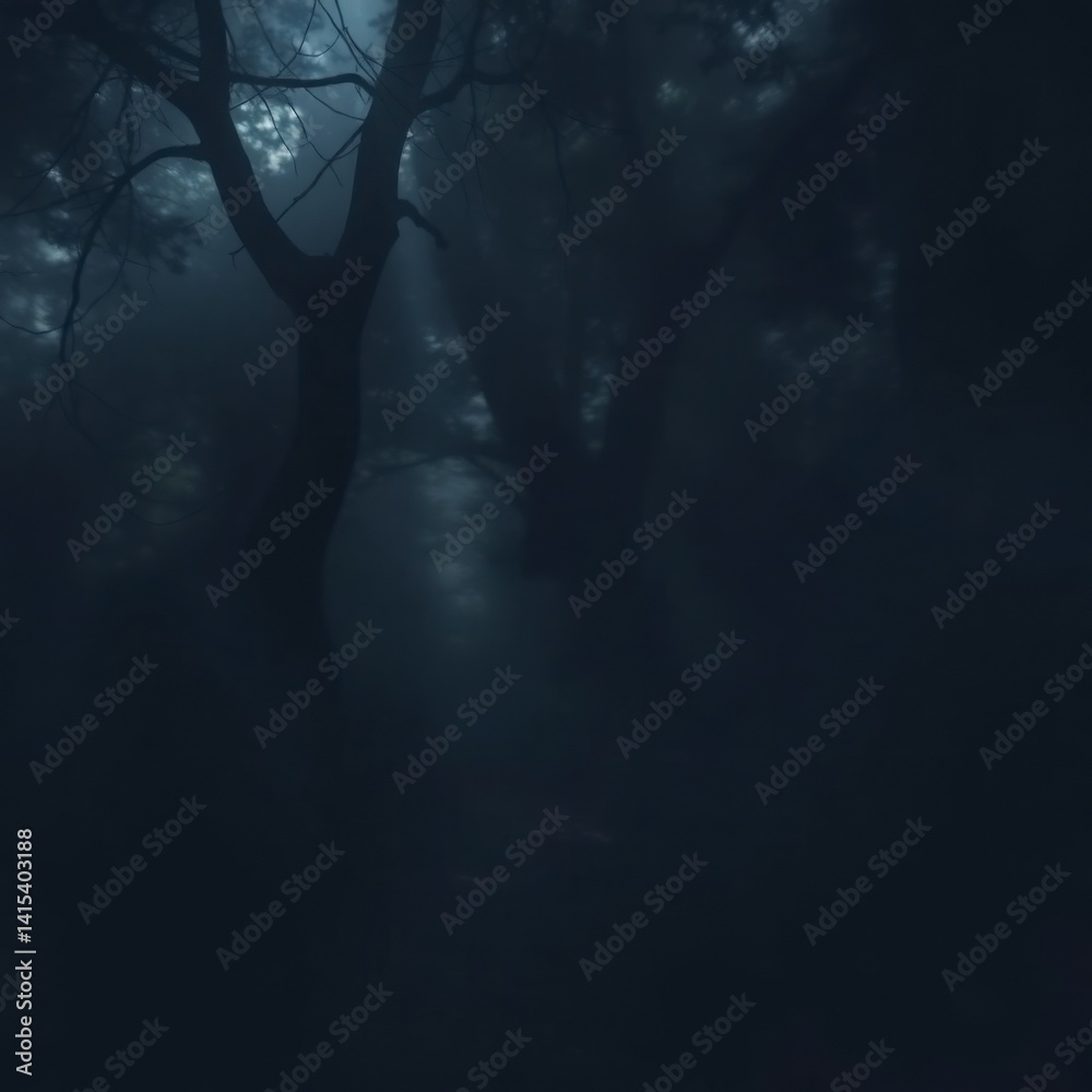 Fototapeta premium Mysterious Moonlight Forest: Dark, Silhouetted Trees in Eerie Fog