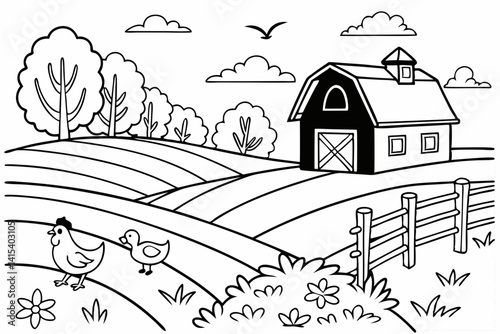 Farm animals and rural landscape, coloring page for kids, colorless, uncolored, black and white