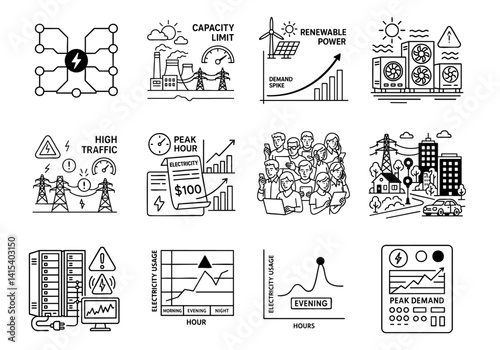 peak energy demand concept. Infographic illustrating energy consumption and peak demand metrics.