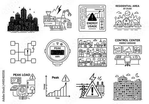 peak energy demand concept. Energy management illustrations depicting urban and control center concepts.